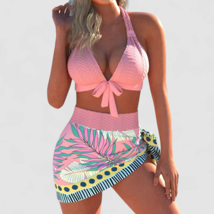 Ela™ | Bikini Rosa Antico con Fiocco e Motivo Foglia